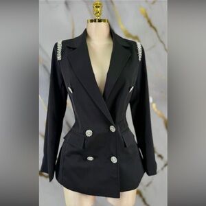 Black Double-Breasted Women's Blazer with Rhinestone Accents